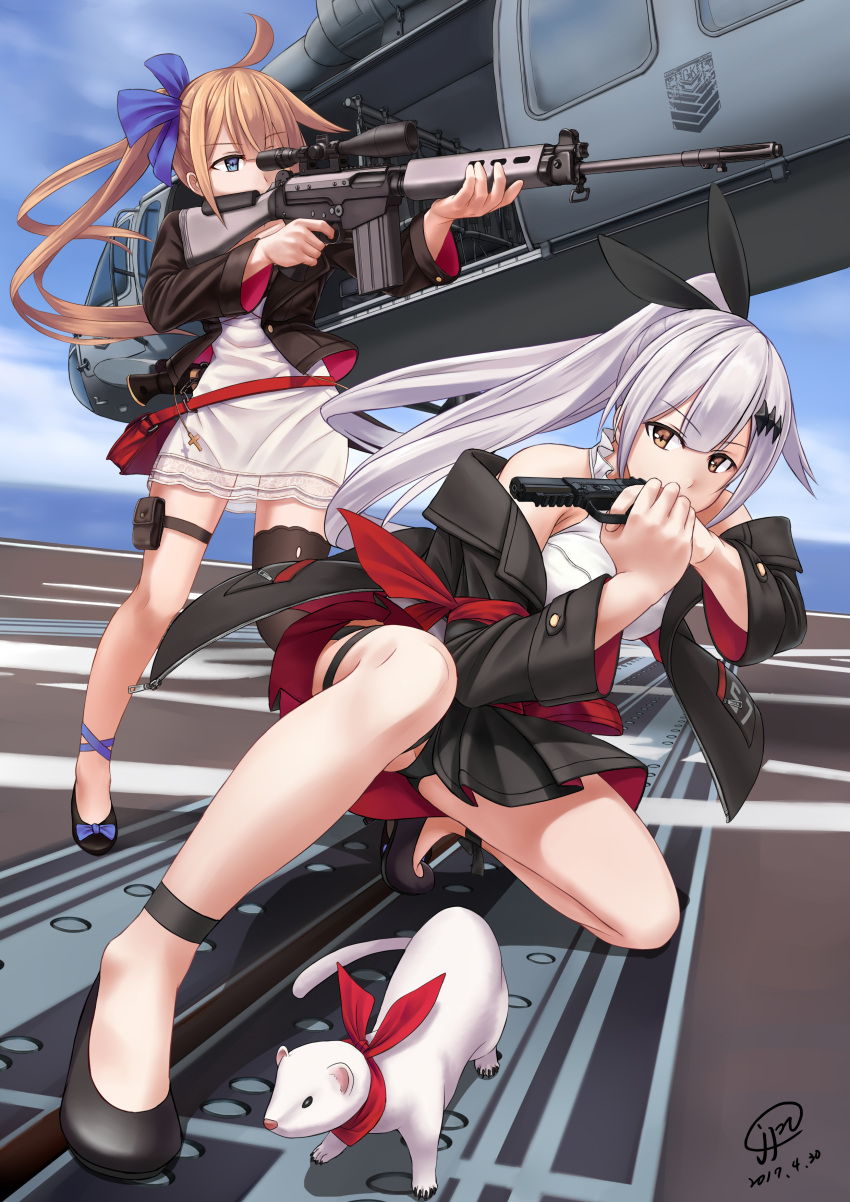 2girls absurdres aiming aircraft battle_rifle blue_eyes brown_eyes brown_hair commentary fal_(girls_frontline) five-seven_(girls_frontline) five-seven_(gun) fn_fal girls_frontline gun hair_ornament hairclip handgun helicopter highres holding holding_gun holding_weapon jacket jpc kneeling long_hair magazine_(weapon) multiple_girls panties pantyshot pantyshot_(kneeling) pistol ponytail rifle scope silver_hair single_thighhigh skirt thigh-highs uh-60_blackhawk underwear weapon