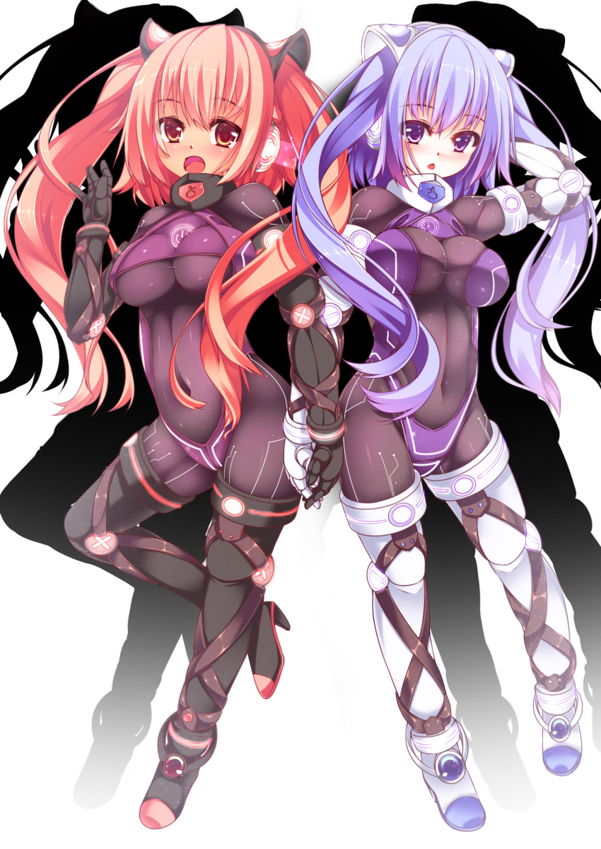 2girls :o \||/ absurdres android arm_at_side arm_up bangs black_bodysuit black_boots black_gloves blush bodysuit boots breasts cat_ear_headphones character_request chestnut_mouth circuit_board commentary_request copyright_request covered_navel elbow_gloves erect_nipples eyebrows_visible_through_hair eyes_visible_through_hair fading full_body gloves glowing hair_between_eyes hand_behind_head headphones high_heel_boots high_heels highres impossible_bodysuit impossible_clothes interlocked_fingers kur_(kur0320) large_breasts lavender_hair leg_up light_particles long_hair looking_at_viewer mecha_musume multiple_girls open_mouth orange_eyes original pilot_suit pink_hair pose power_symbol shiny shiny_clothes shiny_skin short_hair_with_long_locks siblings silhouette simple_background sisters skin_tight stance standing standing_on_one_leg tachi-e tan taut_clothes thigh-highs thigh_boots two_side_up violet_eyes white_background white_boots white_gloves