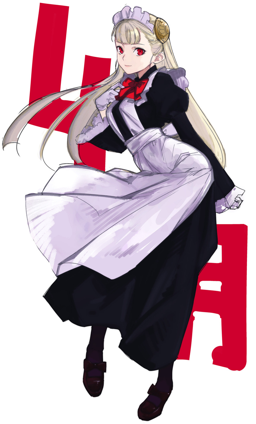 1girl absurdres alternate_costume apron arm_behind_back black_legwear blonde_hair capcom_fighting_jam commentary_request dress enmaided frills gloves hairpods highres ingrid long_hair looking_at_viewer maid maid_apron maid_headdress pantyhose puffy_sleeves red_eyes sketch smile solo standing tetsu_(kimuchi) waist_apron white_gloves