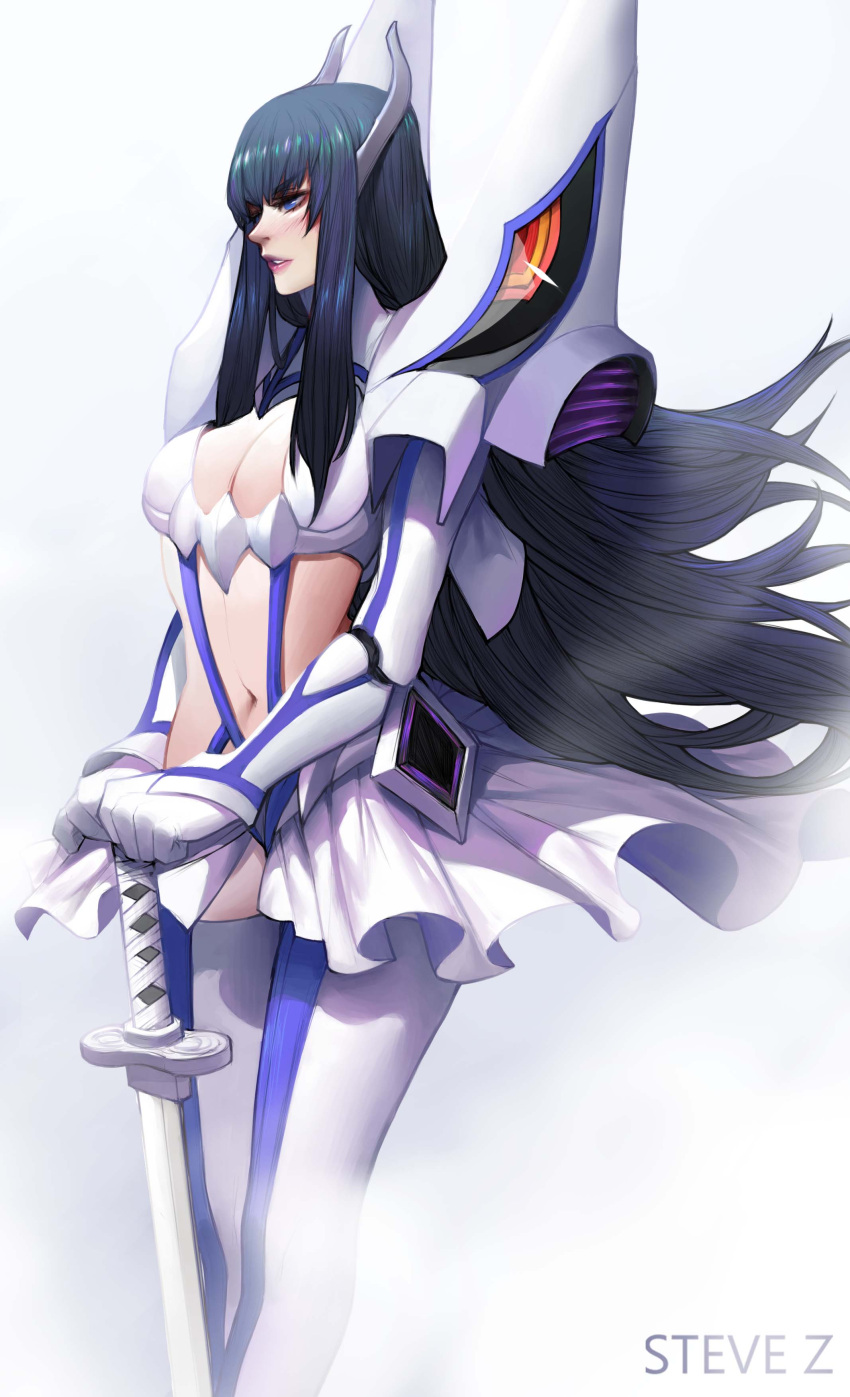 1girl absurdres artist_name bakuzan black_hair blue_eyes blush boots breasts cleavage cleavage_cutout cowboy_shot crop_top eyebrows_visible_through_hair floating_hair gloves hands_on_hilt headgear highres junketsu katana kill_la_kill kiryuuin_satsuki large_breasts legs_together lips long_hair medium_breasts navel parted_lips planted_sword planted_weapon purple_lips revealing_clothes solo spikes suspenders sword teeth thick_eyebrows thigh-highs thigh_boots very_long_hair wanwansbwan weapon white_boots white_gloves white_legwear wind