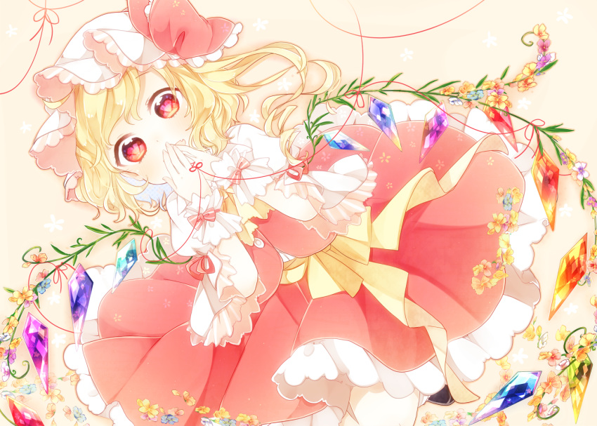 1girl blonde_hair blue_flower bow bowtie crystal fang flandre_scarlet flower frilled_hat frilled_skirt frills hands_over_mouth hat hat_ribbon heart heart-shaped_pupils looking_at_viewer mob_cap open_mouth pink_background purple_flower red_eyes red_flower red_ribbon red_skirt red_vest ribbon side_ponytail skirt solo symbol-shaped_pupils toadstool_(natadekoko) touhou vest white_hat wings wrist_cuffs yellow_bow yellow_bowtie yellow_flower
