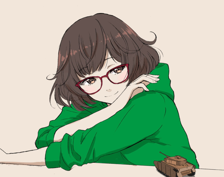 akiyama_yukari blush brown_eyes brown_hair girls_und_panzer glasses ground_vehicle hood hoodie inumoto military military_vehicle motor_vehicle panzerkampfwagen_iv short_hair simple_background smile tank