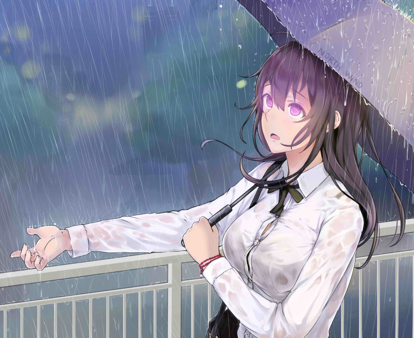 1girl bangs bead_bracelet beads beifeng_han black_hair black_ribbon blush bracelet breasts dress_shirt glowing glowing_eyes highres holding holding_umbrella jewelry large_breasts long_hair long_sleeves miyaura_sanshio neck_ribbon original parted_lips pink_eyes railing rain ribbon see-through_silhouette shirt solo umbrella upper_body water_drop wet wet_clothes wet_shirt white_shirt