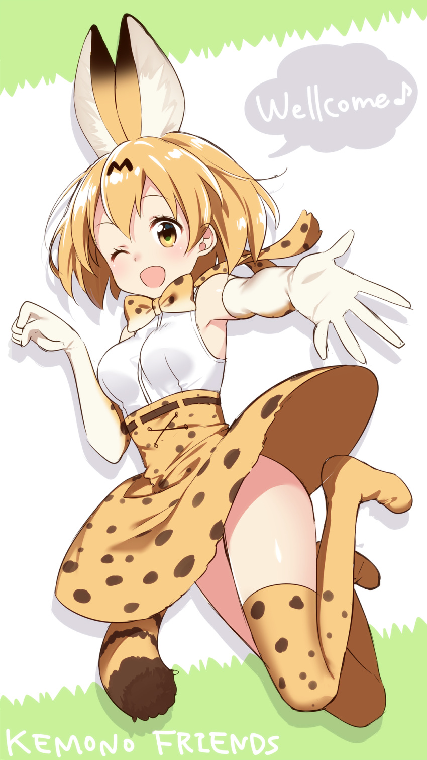 1girl ;d animal_ears animal_print armpits bare_shoulders belt bow bowtie breasts brown_belt clenched_hand copyright_name cross-laced_clothes elbow_gloves engrish extra_ears eyelashes full_body gloves green_background hand_up high-waist_skirt highres jumping kemono_friends legs_up looking_at_viewer masuishi_kinoto medium_breasts multicolored multicolored_background musical_note no_shoes one_eye_closed open_hand open_mouth orange_eyes orange_hair outstretched_arm paw_pose print_bow print_bowtie print_gloves print_legwear print_skirt quaver ranguage reaching reaching_out romaji serval_(kemono_friends) serval_ears serval_print serval_tail shirt short_hair skirt sleeveless sleeveless_shirt smile solo speech_bubble striped_tail tail tareme thigh-highs two-tone_background white_background