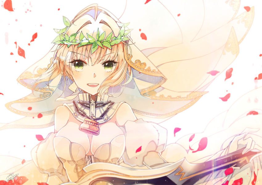 1girl 2018 :d blonde_hair breasts bridal_veil choker cleavage dated detached_sleeves dress emo_(ricemo) eyebrows_visible_through_hair fate/extra fate/extra_ccc fate_(series) gloves green_eyes holding holding_sword holding_weapon looking_at_viewer medium_breasts nero_claudius_(bride)_(fate) nero_claudius_(fate)_(all) open_mouth petals pixiv_fate/grand_order_contest_2 short_hair short_sleeves signature sleeveless sleeveless_dress smile solo strapless strapless_dress sword upper_body veil weapon wedding_dress white_background white_dress white_gloves white_sleeves