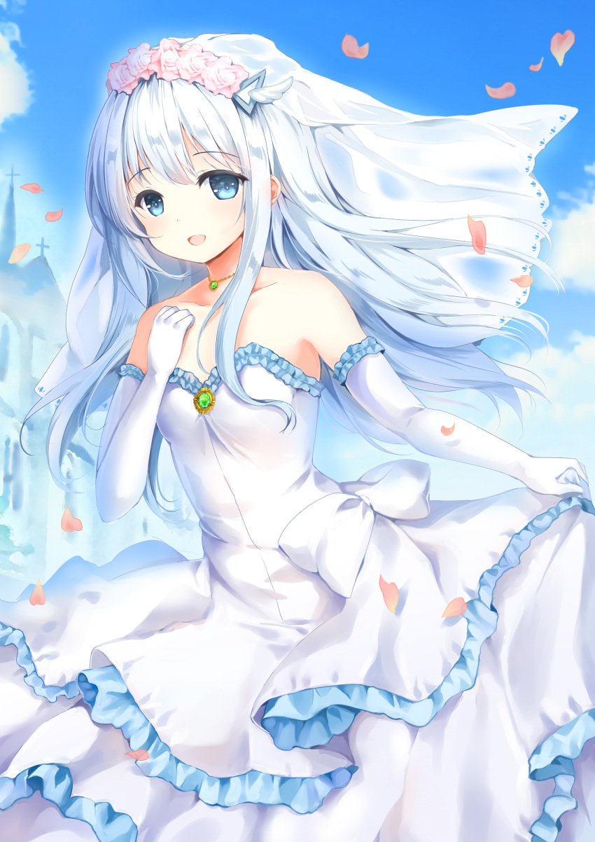 1girl :d blue_eyes breasts bridal_veil cherry_blossoms clouds cloudy_sky collarbone dress elbow_gloves eyebrows_visible_through_hair floting_hair gloves head_wreath highres jewelry kuuki_shoujo layered_dress long_hair mafuyu necklace open_mouth outdoors pink_flower silver_hair skirt_hold sky sleeveless sleeveless_dress small_breasts smile solo standing strapless strapless_dress the_personification_of_atmosphere veil very_long_hair wedding_dress white_dress white_gloves