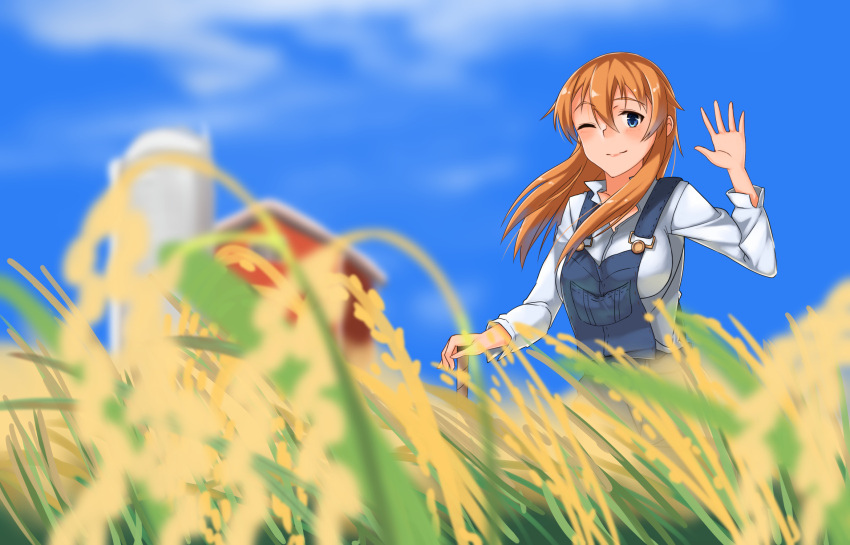 1girl alternate_costume blue_eyes blush casual charlotte_e_yeager clouds commentary day farm field grass hand_up highres hiroshi_(hunter-of-kct) light_smile one_eye_closed orange_hair overalls sky solo strike_witches upper_body waving wind world_witches_series