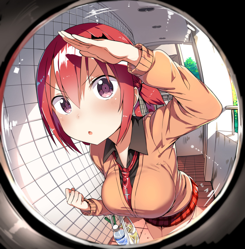 &gt;:o 1girl 5240mosu :o bangs bat_hair_ornament black_shirt blush breasts cardigan check_commentary collared_shirt commentary commentary_request cross_print doorway eyebrows_visible_through_hair fisheye gabriel_dropout groceries hair_between_eyes hair_ornament highres holding_bag kurumizawa_satanichia_mcdowell large_breasts leaning_forward necktie outdoors parted_lips plaid plaid_skirt pleated_skirt red_necktie red_skirt redhead school_uniform shirt sidelocks skirt solo twintails violet_eyes