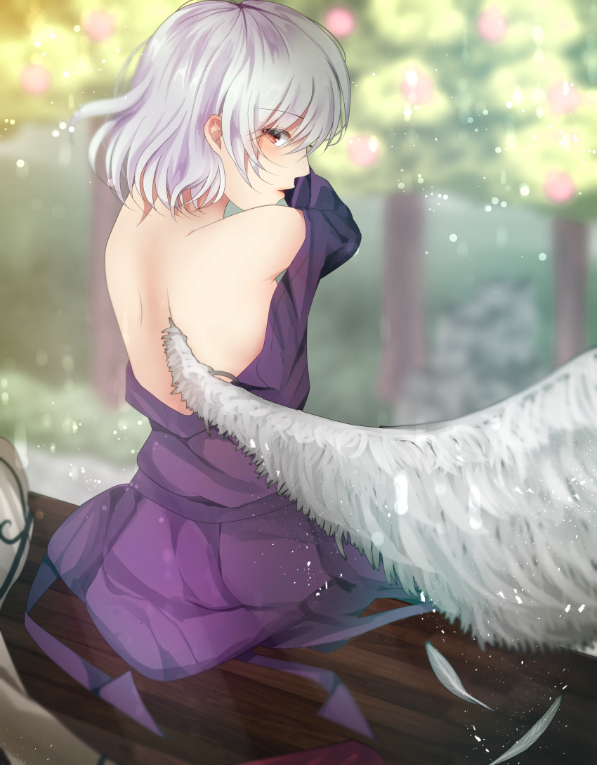 1girl absurdres back dress feathered_wings feathers highres jacket jacket_removed kishin_sagume looking_back miri_(miri0xl) off_shoulder parted_lips purple_dress red_eyes short_hair single_wing sitting solo touhou tree white_hair white_wings wings