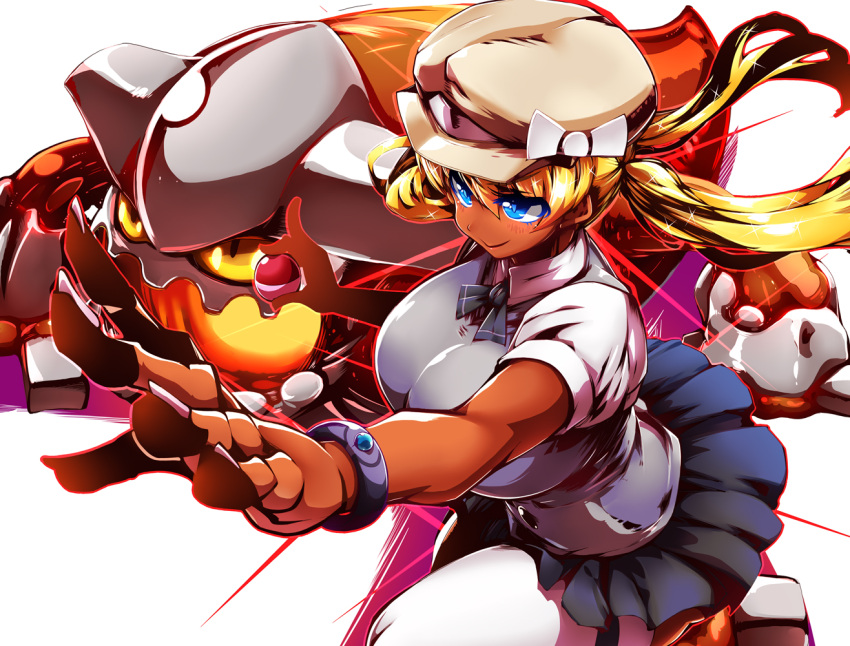 1girl blonde_hair blue_eyes breasts dark_skin hat heatran large_breasts long_hair pokemon pokemon_(game) pokemon_xy serena_(pokemon) simple_background skirt thigh-highs tokyo_(great_akuta) twintails white_background white_legwear