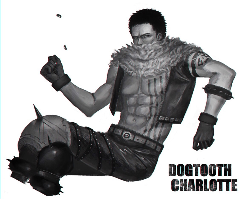 1boy abs asymmetrical_clothes bare_chest belt charlotte_katakuri chest covered_mouth gloves greyscale legs_crossed male_focus monochrome navel no_shirt one_piece open_clothes open_vest pants sasamiman scar scarf serious short_hair sitting skull sleeveless solo spikes stitches sweets tattoo vest