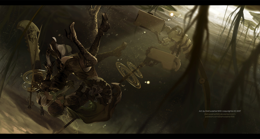 2girls artist_name black_hair blindfold boots broadsword cape commentary crescent_rose dishwasher1910 frilled_skirt frills high_heel_boots high_heels juliet_sleeves katana lake lily_pad long_sleeves multiple_girls nier_(series) nier_automata puffy_sleeves revision roots ruby_rose rwby scythe skirt sword underwater upside-down weapon white_hair yorha_no._2_type_b