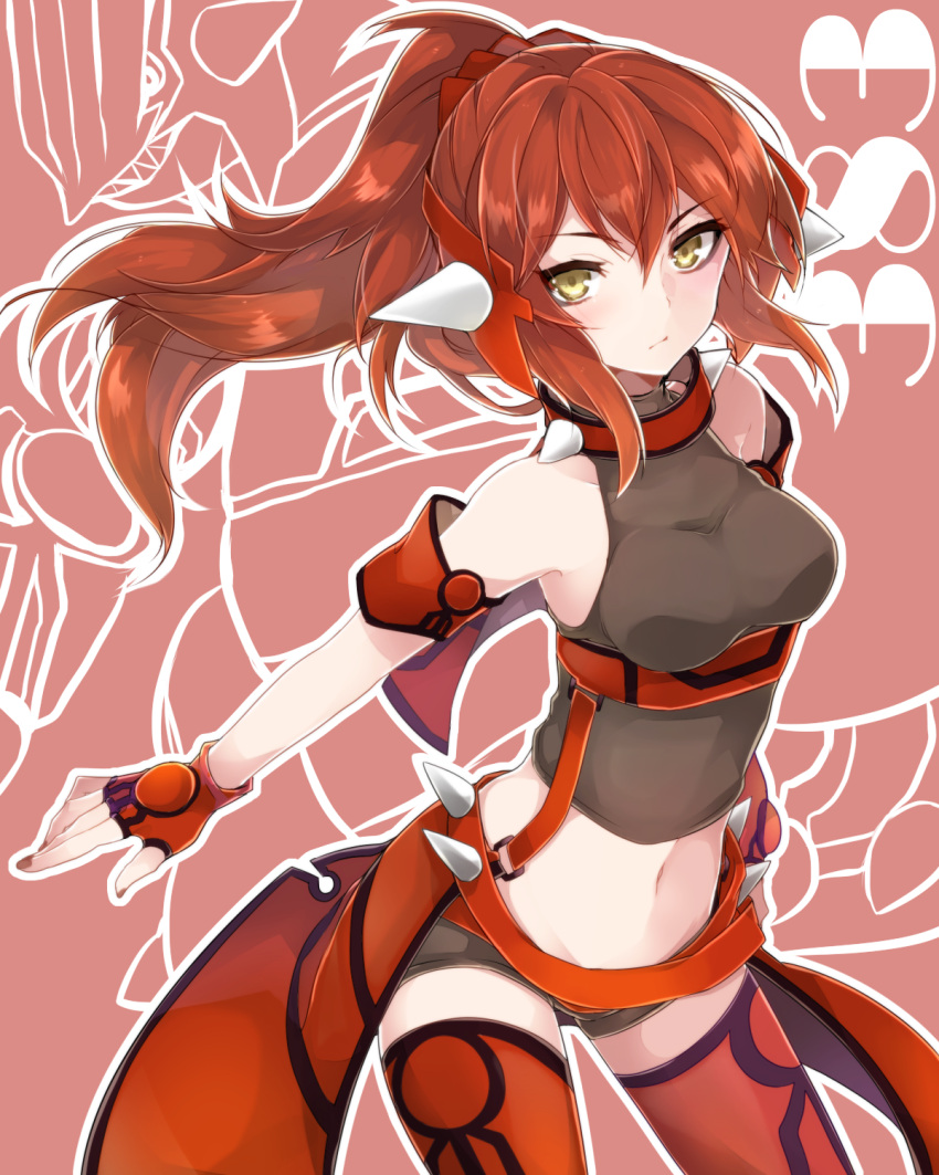 &gt;:| 1girl arm_at_side bare_shoulders blush breasts brown_nails brown_shorts closed_mouth collar cowboy_shot detached_sleeves expressionless fingerless_gloves gloves groudon hair_between_eyes headgear highres long_hair looking_at_viewer medium_breasts midriff nail_polish navel outline personification pokemon ponytail red_gloves red_legwear redhead short_shorts short_sleeves shorts solo spiked_collar spikes standing stomach takeshima_(nia) thigh-highs tsurime underbust waist_cape white_outline yellow_eyes