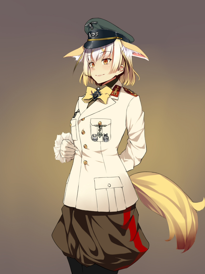 1girl animal_ears arm_behind_back blonde_hair bonkiru bow brown_eyes closed_mouth cowboy_shot erwin_rommel eyebrows_visible_through_hair fennec_(kemono_friends) fox_ears fox_tail from_side fur_trim gloves gradient gradient_background hat highres kemono_friends long_sleeves lucky_beast_(kemono_friends) medal military military_uniform multicolored_hair pants peaked_cap short_hair solo standing tail two-tone_hair uniform white_gloves white_hair yellow_bow