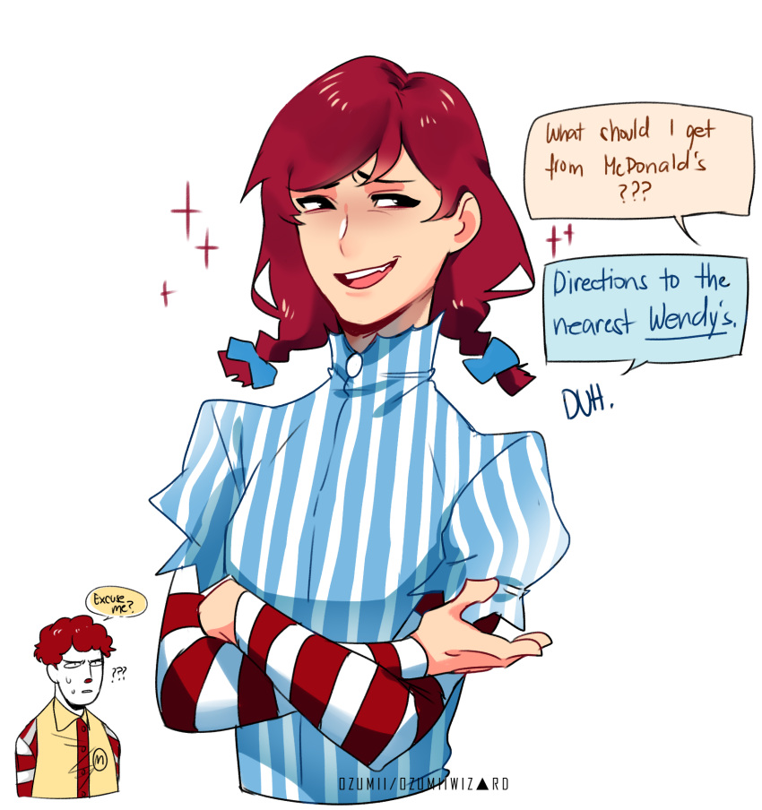 1boy 1girl ? artist_request blue_bow crossed_arms dress english hair_bow highres looking_away mcdonald's redhead ronald_mcdonald short_twintails simple_background smile smug sparkle striped_dress sweatdrop wendy's wendy_(wendy's) white_background white_skin