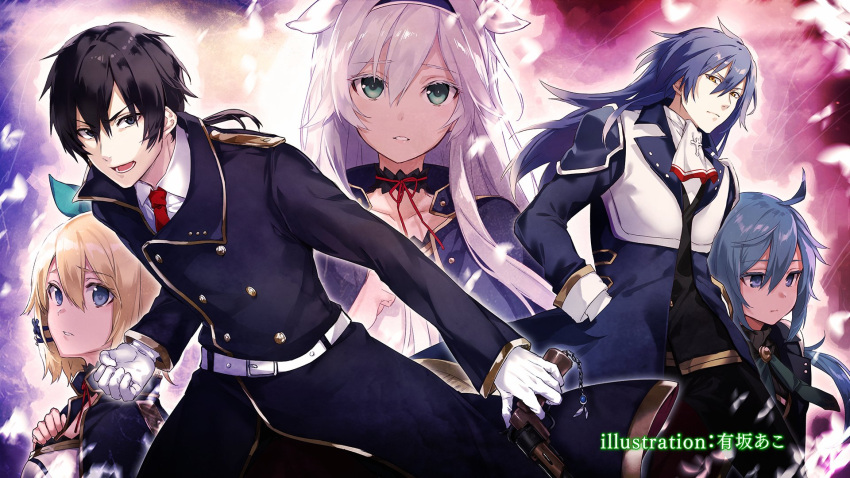 2boys 3girls albert_frazer arisaka_ako artist_name belt black_eyes black_hair blonde_hair blue_eyes blue_hairband bow choker glenn_radars gloves green_eyes green_ribbon hair_bow hair_ribbon hairband hand_in_pocket highres long_hair looking_at_viewer multiple_boys multiple_girls necktie open_mouth parted_lips red_necktie red_ribbon ribbon rokudenashi_majutsu_koushi_to_akashic_record rumia_tingel ryiel_rayford shirt short_hair silver_hair sistine_fiber uniform white_gloves white_shirt