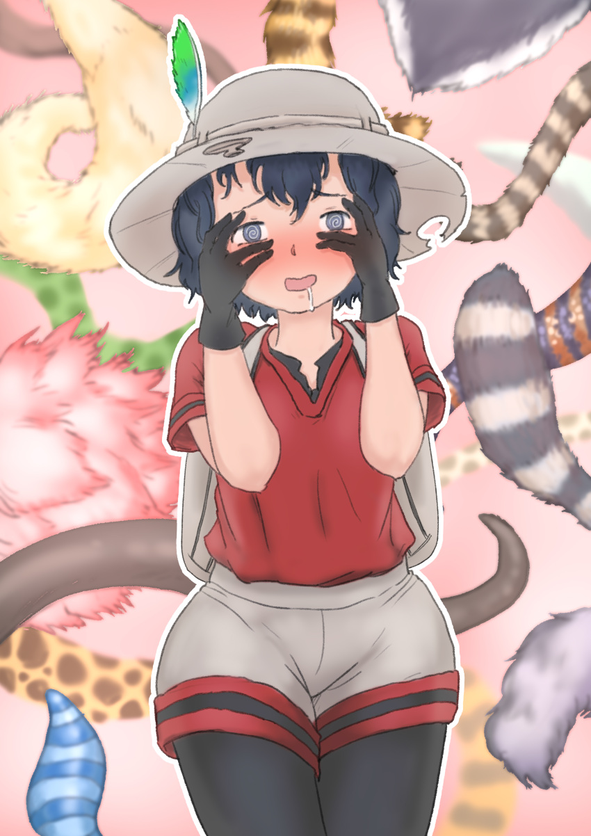 1girl @_@ absurdres backpack bag bird_tail black_gloves black_hair black_legwear blush bucket_hat cowboy_shot drooling gloves hair_between_eyes hands_on_own_face hands_up hat hat_feather highres kaban_(kemono_friends) kemono_friends legwear_under_shorts open_mouth peeking_through_fingers red_shirt shirt short_sleeves shorts smile solo_focus striped_tail tail wavy_mouth zombiuk