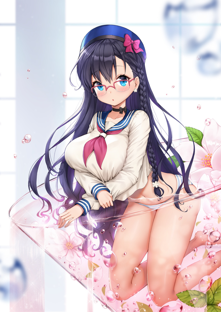 1girl alcohol ankkoyom black_bow black_choker blouse blue_eyes blue_panties blue_sailor_collar blurry blurry_background blush bow bow_choker braid breasts cherry_blossoms cocktail_glass cup drinking_glass earrings flower_earrings garnish glasses hat hat_bow highres horizontal-striped_panties horizontal_stripes in_container in_cup jewelry large_breasts leaf long_hair long_sleeves looking_at_viewer multicolored multicolored_clothes multicolored_panties navel neckerchief original panties pink_bow pink_neckerchief red-framed_eyewear sailor_collar sake shiny shiny_hair solo striped striped_panties underwear water_drop white_background white_blouse white_flower