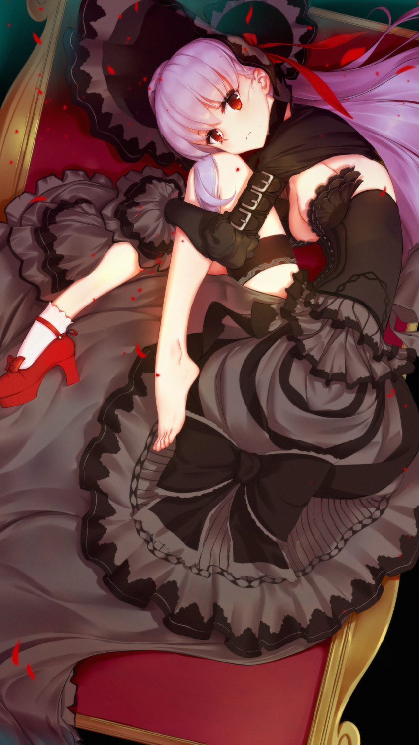 1girl absurdres arm_belt bangs barefoot bb_(fate/extra_ccc) belt_buckle black_choker black_dress bonnet bow breasts buckle choker cleavage dress fate/extra fate/extra_ccc fate/extra_ccc_fox_tail fate_(series) feet from_above frown gothic_lolita hat hat_ribbon highres leg_hug lolita_fashion long_hair long_sleeves looking_at_viewer lying mary_janes medium_breasts on_side petals purple_hair red_eyes red_ribbon red_shoes ribbon shoes single_shoe single_sock socks solo toes white_legwear wu_(4401153)