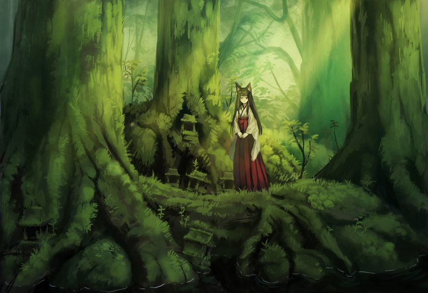 1girl animal_ears black_hair closed_mouth dappled_sunlight day expressionless forest fox_ears hakama japanese_clothes kimono long_hair looking_at_viewer miko moss nature original outdoors own_hands_together red_eyes ryokucha_manma shrine solo standing sunlight