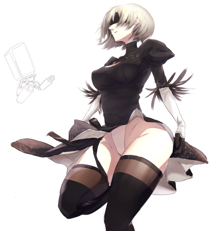 1girl black_dress black_hairband blindfold boots breasts cleavage_cutout covered_eyes dress erect_nipples feather-trimmed_sleeves folded_leg gloves hairband highleg highleg_leotard highres juliet_sleeves leotard long_sleeves medium_breasts mole mole_under_mouth nier_(series) nier_automata pelvic_curtain pod_(nier_automata) puffy_sleeves rdc7229 silver_hair solo standing standing_on_one_leg thigh-highs thigh_boots thighhighs_under_boots white_leotard yorha_no._2_type_b