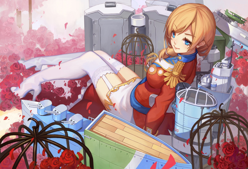 1girl arm_support blonde_hair blue_eyes cage epaulettes flower fourragere from_above garter_straps high_heels looking_to_the_side miniskirt rose sitting skirt solo thigh-highs turret uniform youxuemingdie zhan_jian_shao_nyu