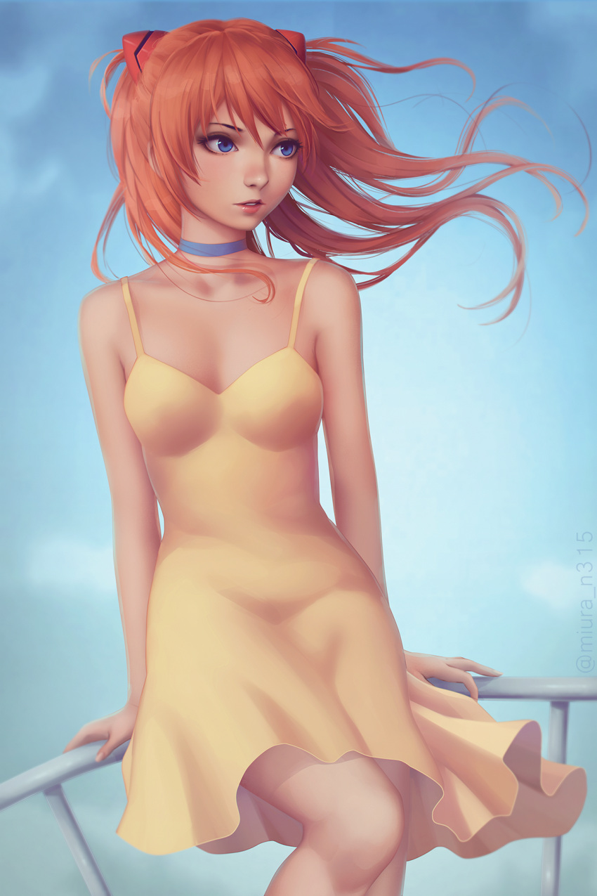 1girl arm_support artist_name bangs bare_arms bare_shoulders blue_choker blue_eyes blue_sky breasts choker collarbone commentary_request cowboy_shot day dress floating_hair hairpods highres leaning_against_railing light_smile long_hair looking_away looking_to_the_side miura-n315 neon_genesis_evangelion one_leg_raised outdoors parted_lips railing red_lips sky sleeveless sleeveless_dress small_breasts solo souryuu_asuka_langley standing standing_on_one_leg sundress wind yellow_dress