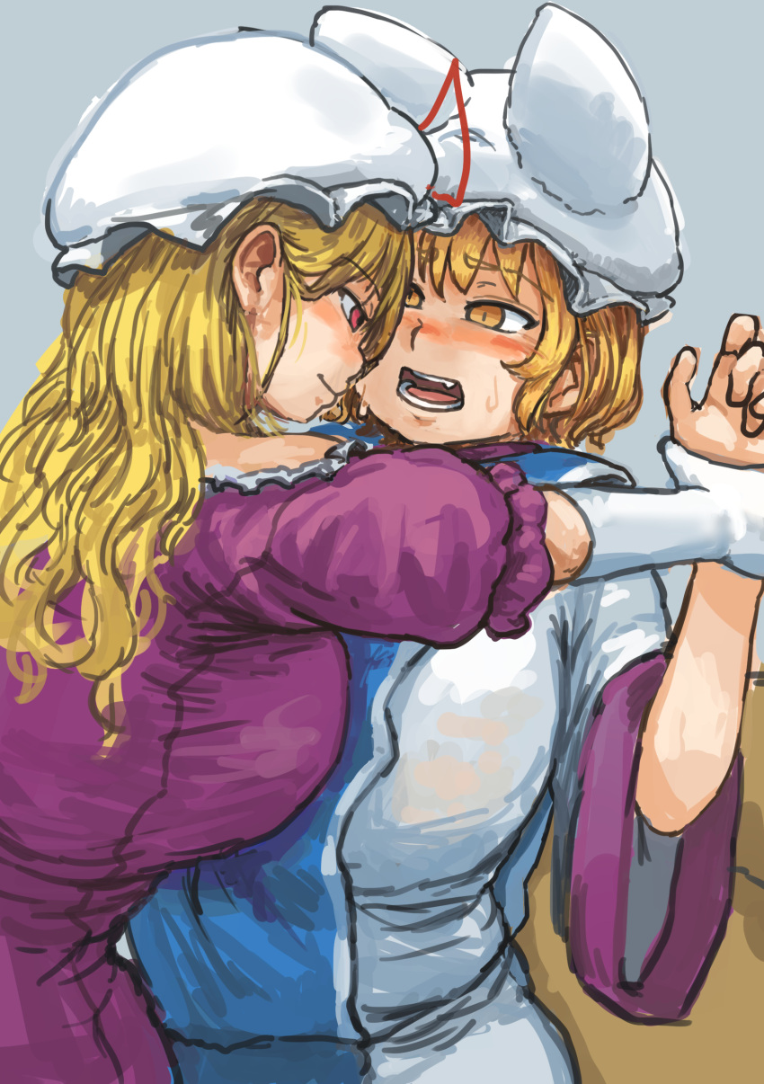 2girls absurdres adapted_costume assertive bad_arm blonde_hair breast_press breasts brown_eyes chanta_(ayatakaoisii) dress elbow_gloves error fang fox_tail gloves grey_background hand_up hat hat_ribbon highres huge_breasts large_breasts long_hair mob_cap multiple_girls multiple_tails open_mouth pillow_hat purple_dress ribbon shirt short_hair short_sleeves simple_background skirt smile strapless strapless_dress sweatdrop tabard tail touhou upper_body violet_eyes white_gloves white_shirt white_skirt wide_sleeves yakumo_ran yakumo_yukari