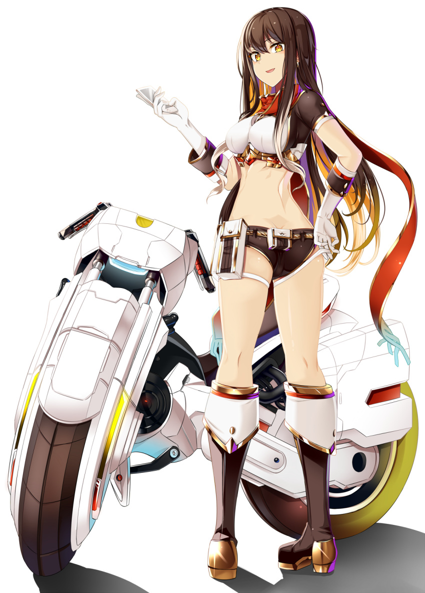 1girl bad_anatomy bangs belt_pouch black_hair blonde_hair blush boots breasts butt_crack crop_top full_body gloves gradient_hair ground_vehicle high_heel_boots high_heels highres honda kneepits koko_shiguma long_hair medium_breasts motor_vehicle motorcycle multicolored_hair original parted_lips red_scarf scarf science_fiction short_shorts short_sleeves shorts sidelocks smile standing white_gloves white_hair