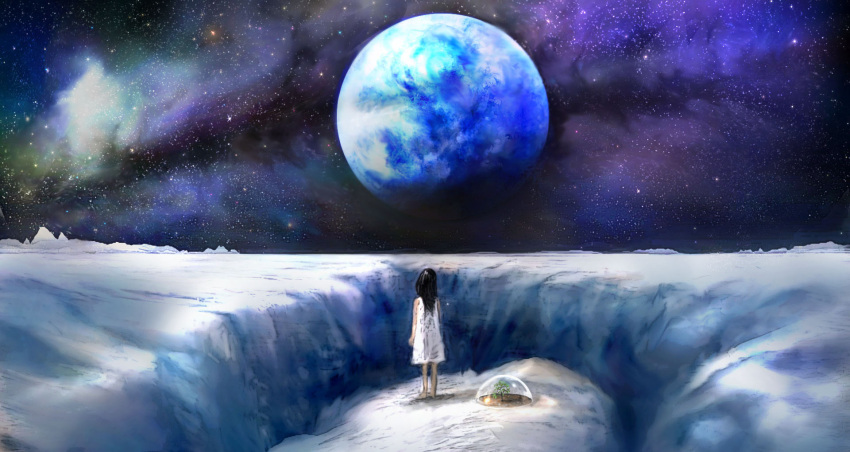 00 1girl barefoot black_hair blurry commentary dress earth from_behind galaxy highres horizon long_hair looking_afar moon original plant scenery sleeveless sleeveless_dress solo space surreal white_dress