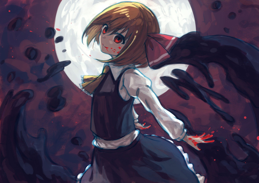 1girl ascot bangs berabou black_skirt black_vest blonde_hair blood blood_on_face bloody_hands closed_mouth commentary dark darkness eyebrows_visible_through_hair frilled_skirt frills full_moon hair_ribbon highres long_sleeves looking_at_viewer moon night night_sky puffy_sleeves red_eyes red_ribbon ribbon rumia shirt short_hair skirt skirt_set sky smile solo touhou upper_body vest white_shirt yellow_ascot