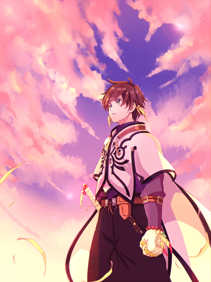 1boy black_pants brown_hair cape clenched_hand clouds cloudy_sky corokuro cowboy_shot earrings from_below green_eyes highres jewelry outdoors pants sky solo sorey_(tales) sword tales_of_(series) tales_of_zestiria weapon yellow_feathers