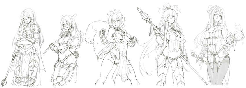 5girls animal_ears antenna_hair armor ball barbariank behind_back blazblue blazblue_remix_heart bow bow_(weapon) breasts clenched_hand crossbow crystal_ball fantasy fighting_stance genderswap genderswap_(mtf) hair_between_eyes hair_bow hair_tubes hand_on_own_chest hat highres holding holding_weapon kajun_faycott large_breasts long_hair looking_at_viewer mace mai_natsume makoto_nanaya mini_hat monochrome multiple_girls noel_vermillion pantyhose polearm ponytail revealing_clothes ribbon rod sidelocks smile spear squirrel_ears squirrel_tail tail thigh-highs tsubaki_yayoi under_boob very_long_hair weapon white_background