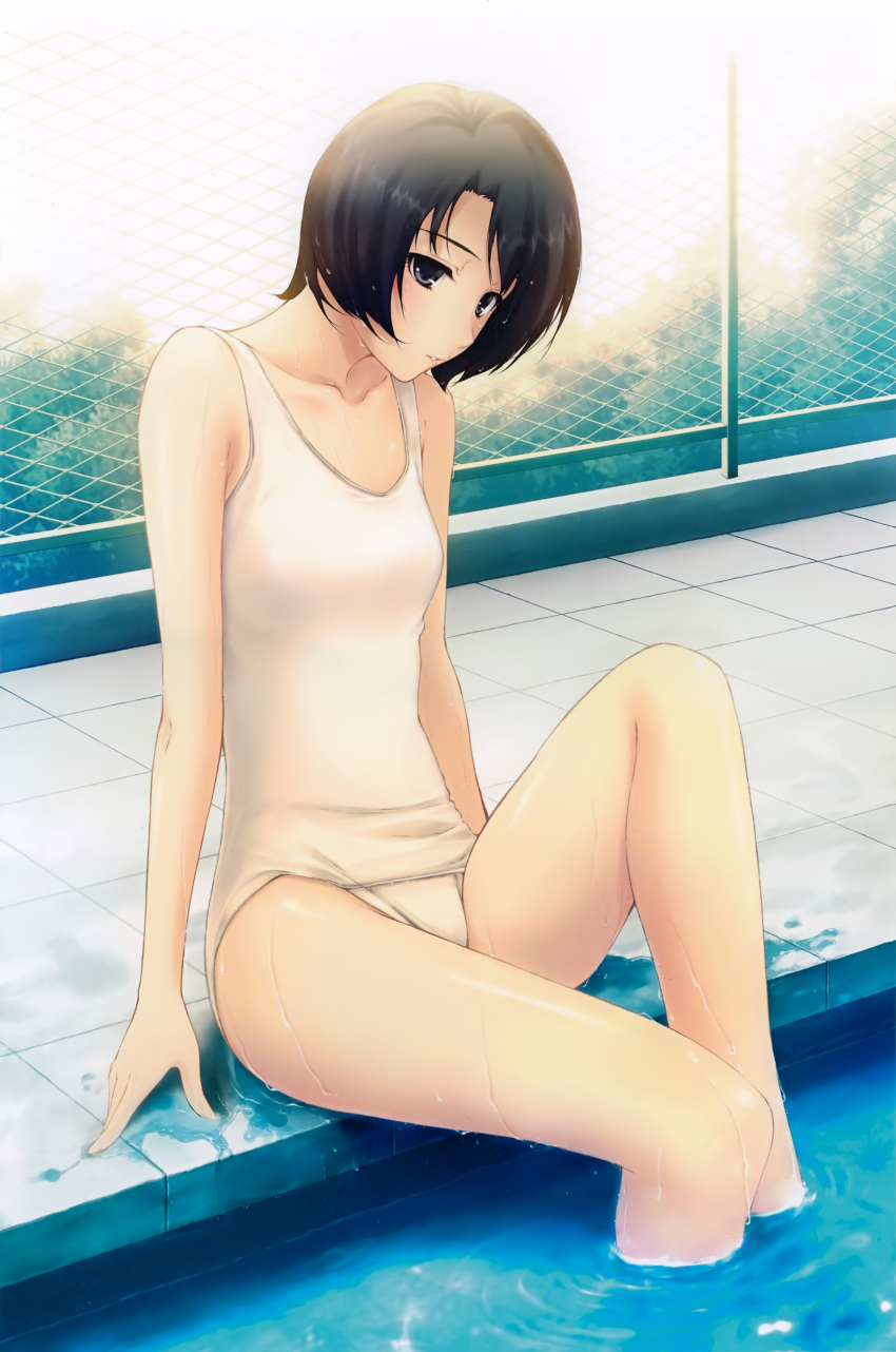 1girl absurdres black_eyes black_hair bob_cut chain-link_fence day fence highres kara_no_shoujo leg_up looking_down one-piece_swimsuit open_mouth outdoors parted_lips pool poolside ripples school_swimsuit short_hair sitting soaking_feet solo sugina_miki swimsuit tokisaka_yukari water wet white_school_swimsuit white_swimsuit