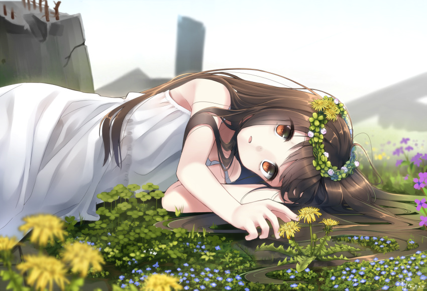 1girl blurry brown_eyes brown_hair depth_of_field dress flower hair_flower hair_ornament head_wreath long_hair lying makadamixa on_side original ruins solo white_dress