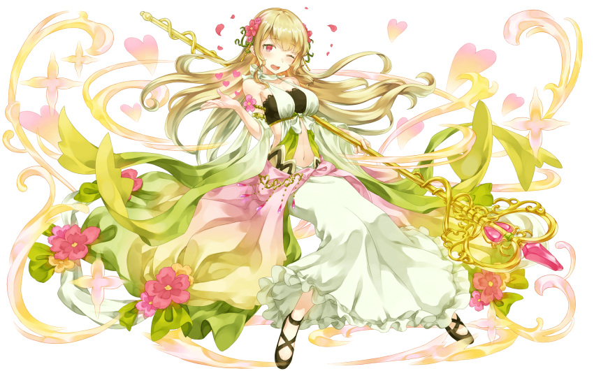 1girl blonde_hair blush dress floating_hair flower full_body hair_flower hair_ornament heart highres holding holding_staff long_hair looking_at_viewer navel one_eye_closed petals red_eyes simple_background solo staff white_background