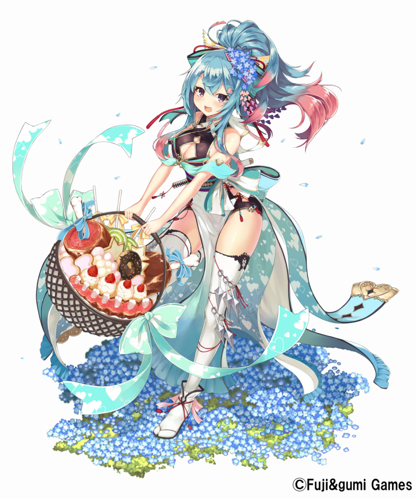 1girl aqua_hair bare_shoulders basket blush breasts cleavage cleavage_cutout doughnut flower food hair_flower hair_ornament highres large_breasts long_hair looking_at_viewer multicolored_hair official_art open_mouth pelvic_curtain ponytail shinobi_nightmare simple_background smile solo standing thigh-highs two-tone_hair violet_eyes weapon yuui_hutabakirage