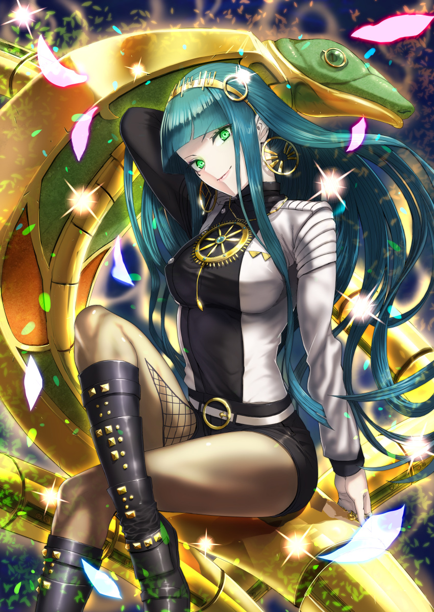 1girl absurdres belt black_boots black_shorts boots breasts brown_legwear cleopatra_(fate/grand_order) earrings fate/grand_order fate_(series) floating_hair green_eyes green_hair hair_ornament hand_in_hair head_tilt highres hinomoto_madoka jewelry knee_boots large_breasts legs_crossed long_hair looking_at_viewer pantyhose_under_shorts ring short_shorts shorts sitting smile snake solo very_long_hair