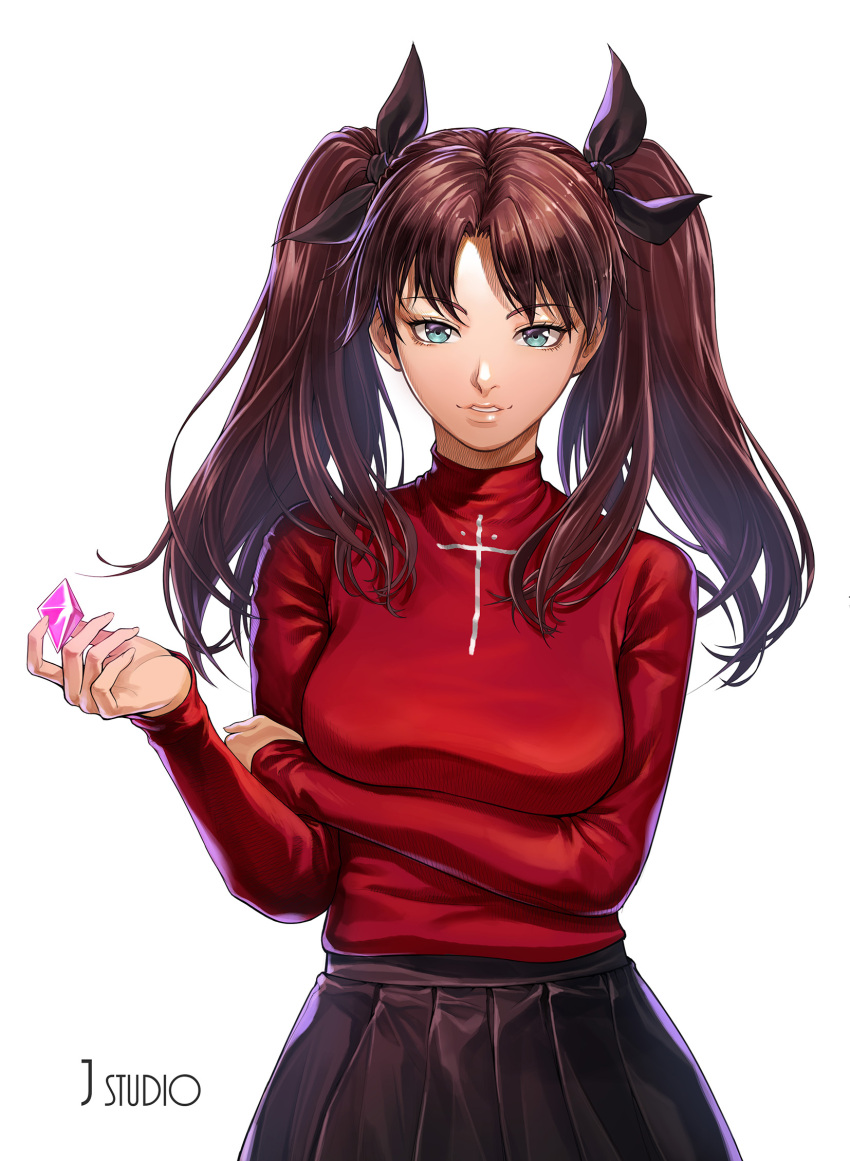 fate/stay_night fate_(series) gem green_eyes hair_ribbon highres joe_(j_studio) long_hair looking_at_viewer red_sweater ribbon shiny shiny_hair simple_background skirt solo standing sweater tohsaka_rin twintails white_background