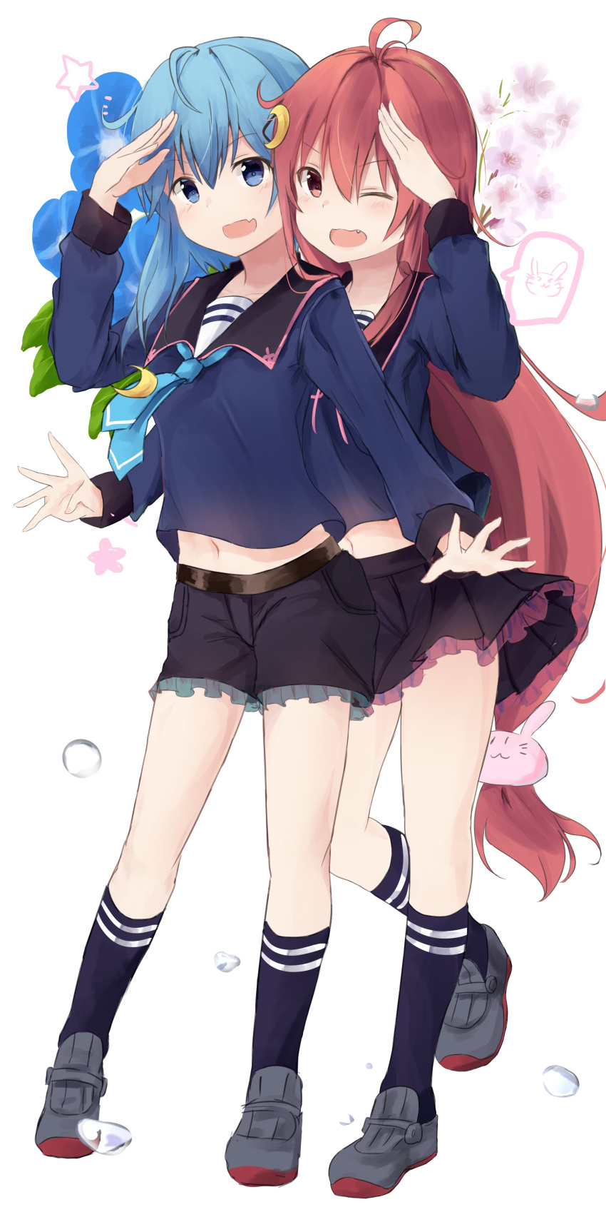 2girls :d ;d absurdres ahoge blouse blue_blouse blue_eyes blue_hair blue_necktie blush bunny_hair_ornament crescent crescent_hair_ornament crescent_moon_pin fang flower frilled_shorts frills hair_ornament hair_ribbon highres kantai_collection kneehighs long_hair looking_at_viewer low-tied_long_hair minazuki_(kantai_collection) morning_glory multiple_girls navel necktie one_eye_closed open_mouth red_eyes redhead ribbon sailor_collar salute school_uniform serafuku short_hair shorts simple_background smile standing standing_on_one_leg uzuki_(kantai_collection) white_background yuki_(yukin0128)