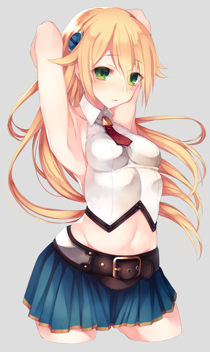 1girl absurdres armpits arms_behind_back arms_up bangs bare_shoulders belt belt_buckle blazblue blazblue:_chronophantasma blonde_hair blue_skirt blush breasts buckle collarbone collared_shirt contrapposto cowboy_shot cropped_legs eyebrows_visible_through_hair green_eyes grey_background groin hair_between_eyes hair_ornament highres himeke_ha looking_at_viewer medium_breasts midriff miniskirt navel necktie noel_vermillion red_necktie shirt short_necktie simple_background skin_tight skirt sleeveless sleeveless_shirt solo stomach taut_clothes taut_shirt wing_collar