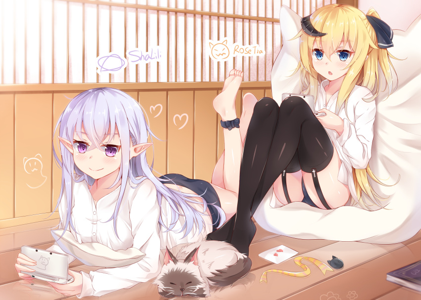 2girls ass barefoot black_legwear black_panties blonde_hair blue_eyes blush book buttons cat closed_mouth collared_shirt commentary_request feet garter_straps hair_ribbon handheld_game_console highres lavender_hair long_hair long_sleeves lying midriff multiple_girls nahaki nintendo_3ds no_pants no_shoes on_stomach open_mouth original panties playing_games pointy_ears ribbon shirt sitting smile thigh-highs underwear violet_eyes white_shirt wooden_floor yellow_ribbon