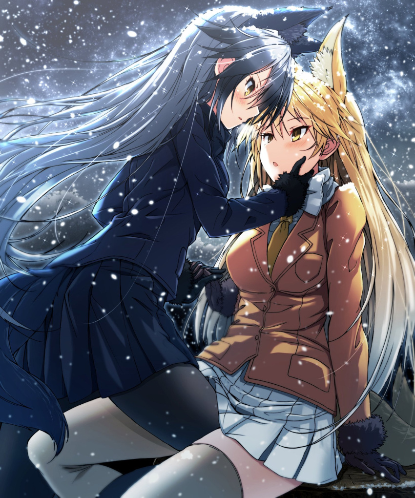 2girls :o animal_ears black_hair black_legwear blonde_hair blush bow bowtie breasts coat eye_contact ezo_red_fox_(kemono_friends) fox_ears fox_girl fox_tail girl_on_top gloves gradient_hair grey_hair hand_holding hand_on_another's_face highres interlocked_fingers kemono_friends leg_between_thighs long_hair long_sleeves looking_at_another medium_breasts multicolored_hair multiple_girls open_mouth pantyhose pleated_skirt saiki_rider silver_fox_(kemono_friends) silver_hair sitting skirt snow sparkle tail thigh-highs two-tone_hair very_long_hair yellow_eyes yuri
