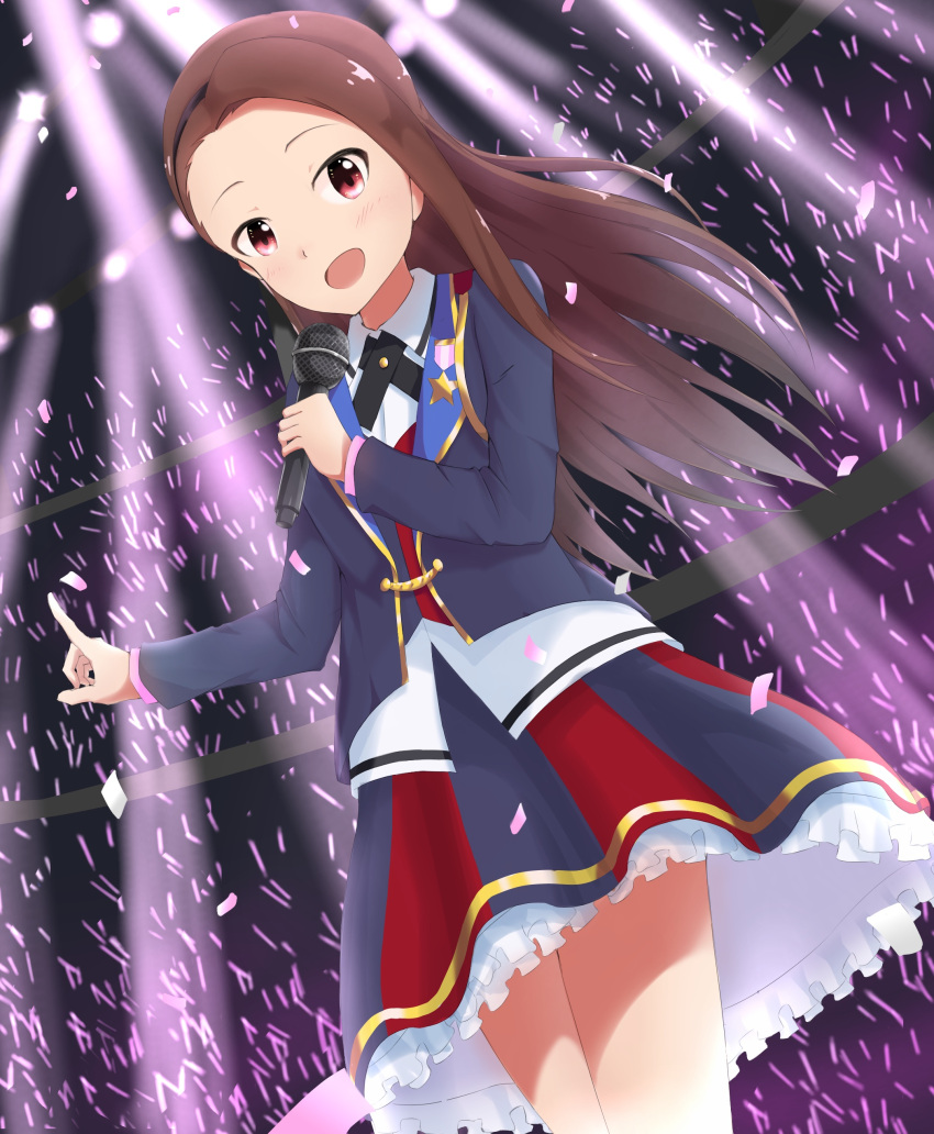 1girl :d absurdres black_hairband blue_jacket brown_hair collared_shirt commentary_request cowboy_shot frilled_skirt frills glowstick hairband highres holding holding_microphone idolmaster idolmaster_million_live! index_finger_raised jacket long_hair long_sleeves looking_at_viewer medal microphone minase_iori music open_mouth petals pink_eyes shirt singing skirt smile solo stage stage_lights star striped striped_skirt tanayata white_shirt wing_collar