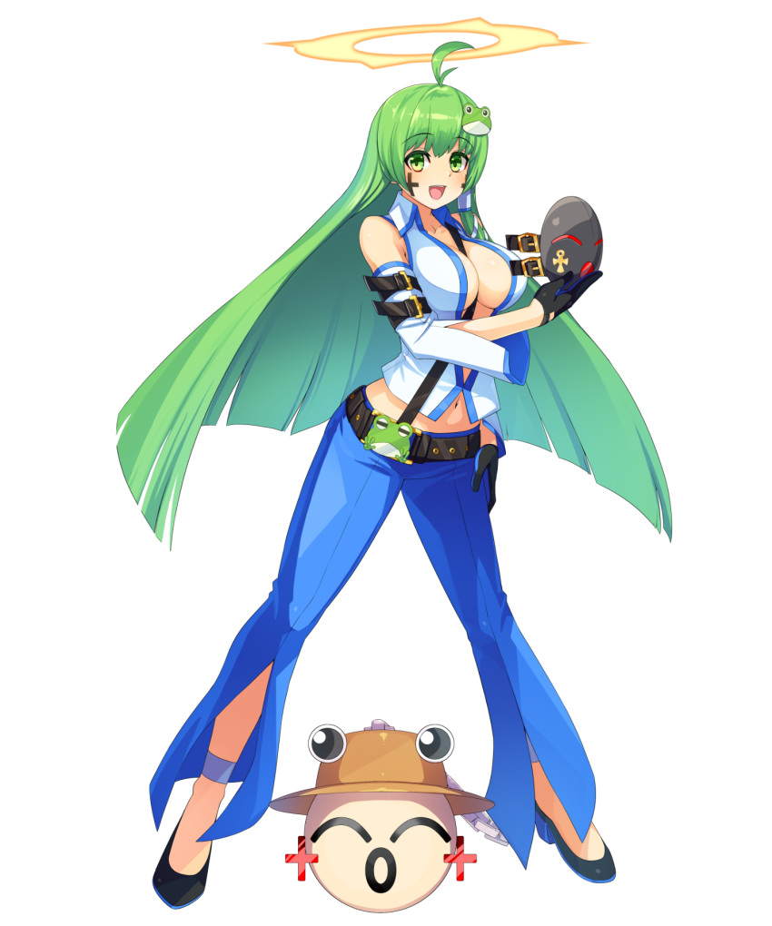 1girl :d antenna_hair bangs belt black_gloves black_shoes blue_pants blush breasts center_opening collarbone collared_shirt cookie_(touhou) cosplay detached_sleeves eyebrows_visible_through_hair frog_hair_ornament full_body gloves green_eyes green_hair guilty_gear guilty_gear_xrd hair_ornament hair_tubes highres holding holding_mask jack-o_(guilty_gear) jack-o_(guilty_gear)_(cosplay) kochiya_sanae long_hair mask medium_breasts midriff navel open_mouth pants paseri_(cookie) pyonta shirt shoes sidelocks smile snake_hair_ornament solo standing stomach straight_hair tarmo touhou transparent_background