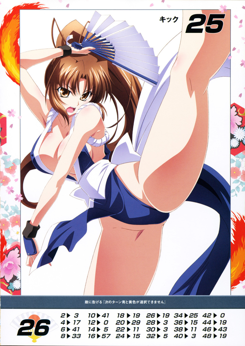 1girl armpits bangs bare_shoulders breasts brown_eyes brown_hair cleavage eyebrows_visible_through_hair fan fatal_fury highres holding izumi_mahiru kicking large_breasts long_hair ninja official_art open_mouth pelvic_curtain ponytail queen's_blade queen's_gate revealing_clothes scan shiranui_mai simple_background solo the_king_of_fighters