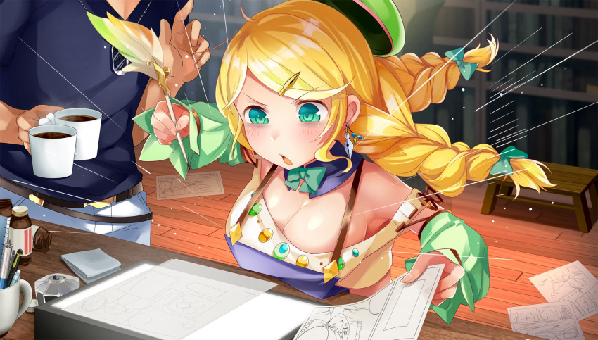 1boy 1girl aqua_eyes bare_shoulders belt blonde_hair blush bookshelf braid breasts cleavage coffee cup desk detached_sleeve drawing earrings green_eyes green_hat hair_ornament hairclip hat highres indoors inkwell jewelry large_breasts long_hair manga_(object) mug official_art open_mouth pen protagonist_(x-overd) quill rottin_(x-overd) twintails x-overd