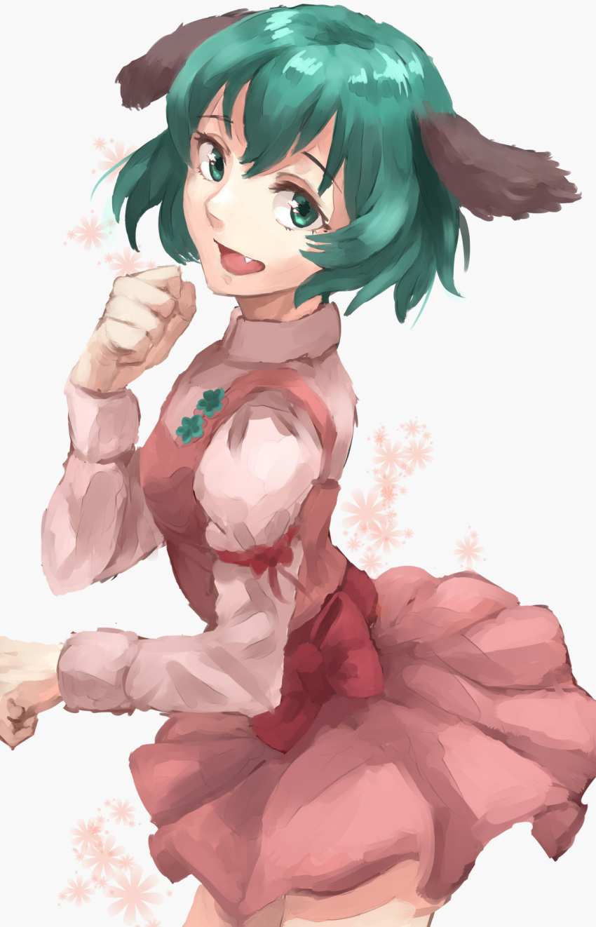 1girl animal_ears dog_ears dress fang green_eyes green_hair hand_up highres juliet_sleeves kasodani_kyouko long_sleeves looking_at_viewer open_mouth pink_dress puffy_sleeves sash short_dress solo thighs touhou wind wind_lift yasaidon