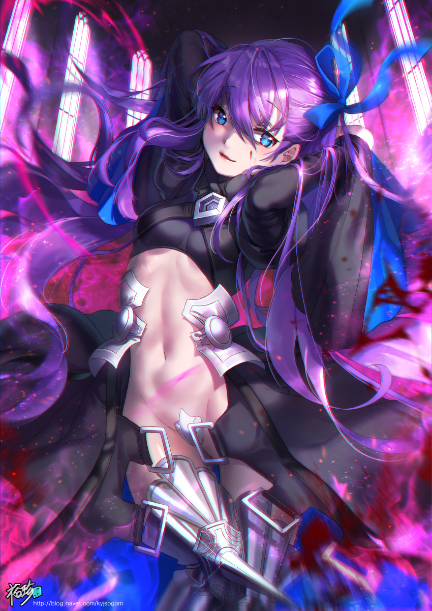 1girl absurdres armor armored_boots blue_eyes boots closed_mouth commentary_request crotch_plate eyebrows_visible_through_hair fate/extra fate/extra_ccc fate_(series) glint groin hair_ribbon highres indoors long_hair looking_at_viewer meltlilith navel purple_hair revealing_clothes ribbon solo thigh-highs very_long_hair watermark web_address window