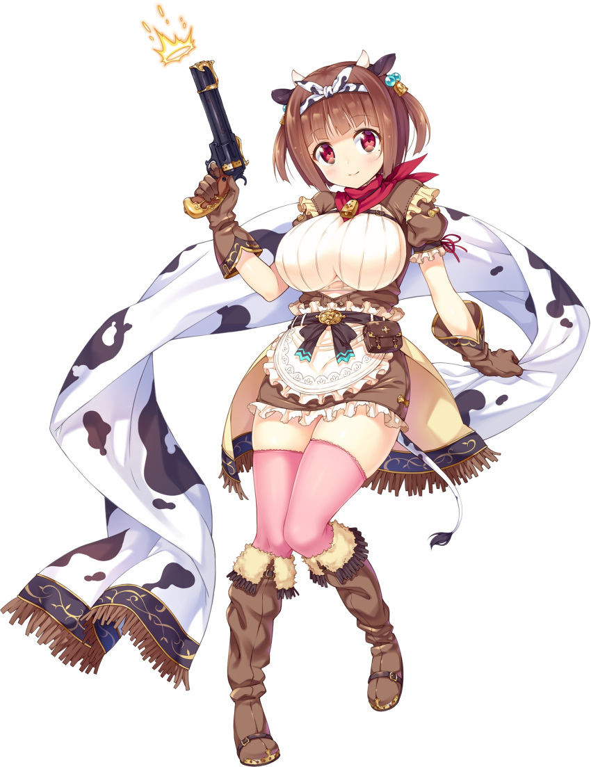 1girl absurdres animal_ears animal_print apron blush boots brown_hair cow_ears cow_horns cow_print fringe full_body gloves gun hairband highres holding holding_gun holding_weapon horns looking_at_viewer mole mole_under_eye official_art pink_legwear red_eyes ryoko_(x-overd) short_hair simple_background smile solo thigh-highs two_side_up weapon white_background x-overd